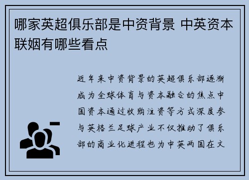 哪家英超俱乐部是中资背景 中英资本联姻有哪些看点