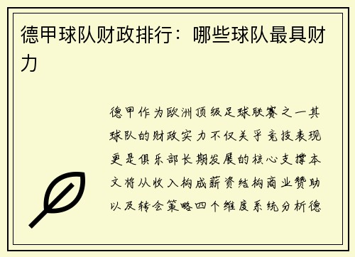德甲球队财政排行：哪些球队最具财力