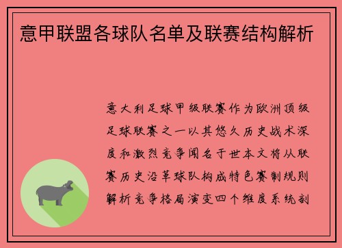意甲联盟各球队名单及联赛结构解析